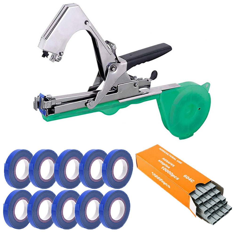 PLANTFIXPRO Schnellbinder für Pflanzen, Tomaten, Gurken, Rosen, Obstgarten, Weinpergola, Paket Zange + 10 Bandrollen + 10.000 Heftklammern