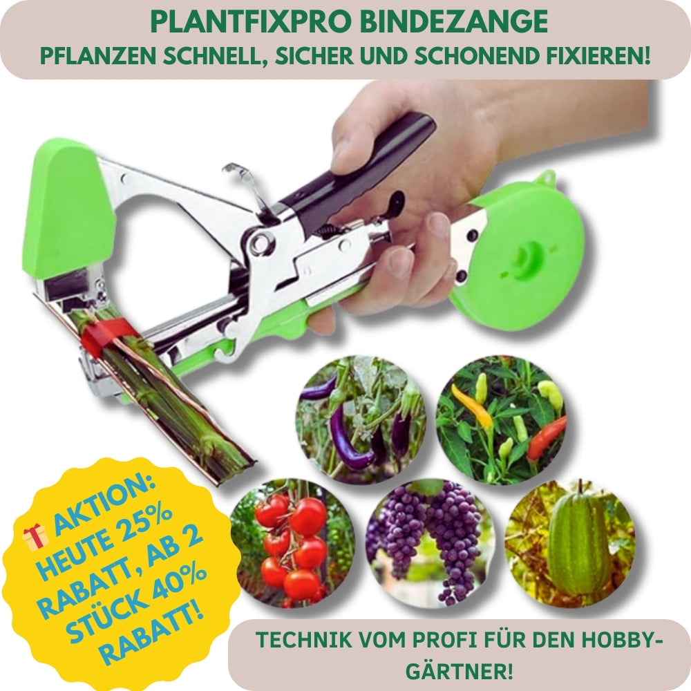 PLANTFIXPRO Schnellbinder für Pflanzen, Tomaten, Gurken, Rosen, Obstgarten, Weinpergola, Paket Zange + 10 Bandrollen + 10.000 Heftklammern