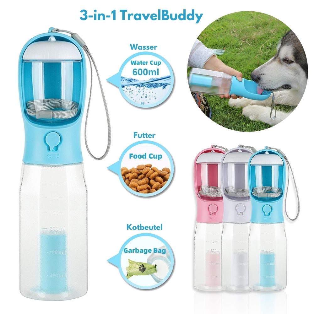 Multifunktionale Hund & Katze Wasserflasche Travel Buddy 3-in-1 Wasser Leckerli Kottüten