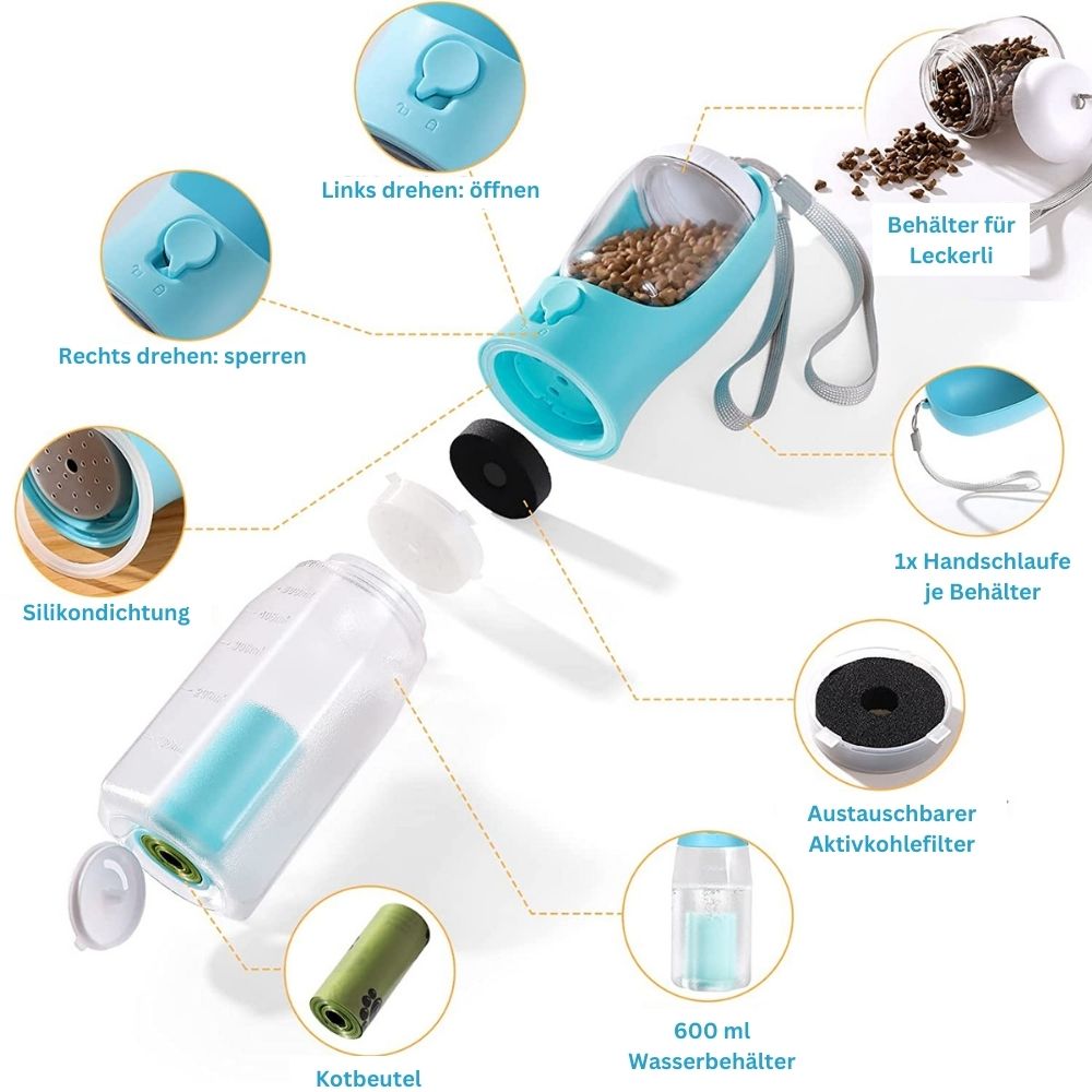 Multifunktionale Hund & Katze Wasserflasche Travel Buddy 3-in-1 Wasser Leckerli Kottüten