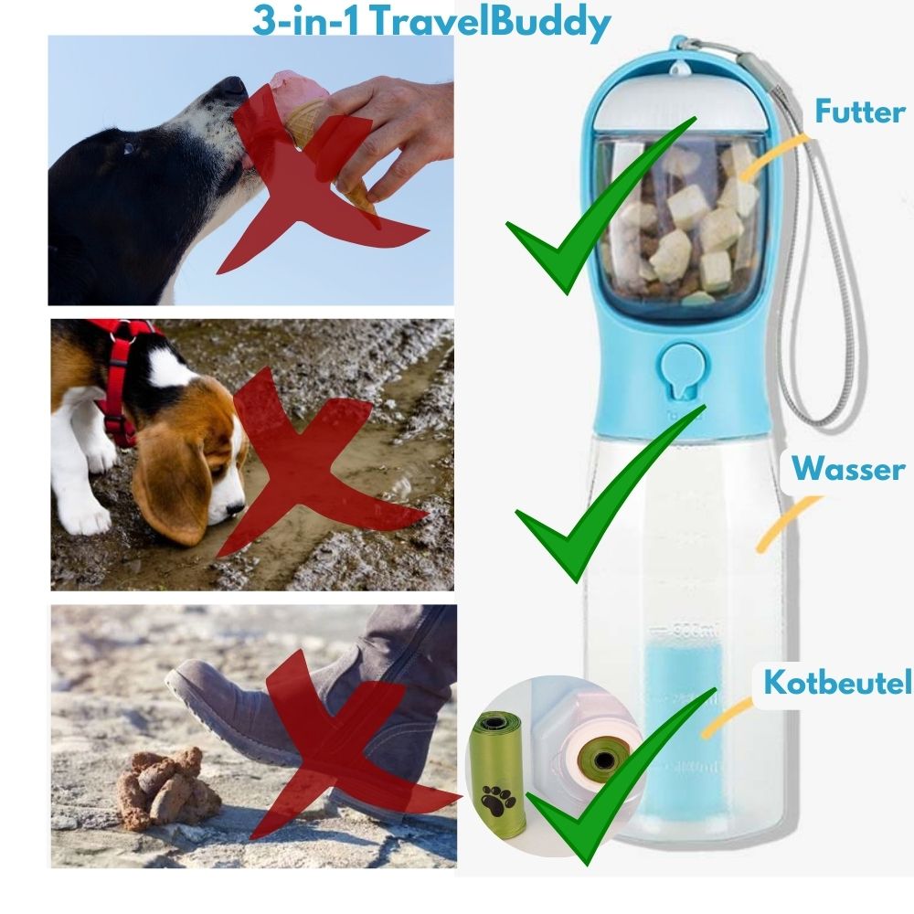 Multifunktionale Hund & Katze Wasserflasche Travel Buddy 3-in-1 Wasser Leckerli Kottüten