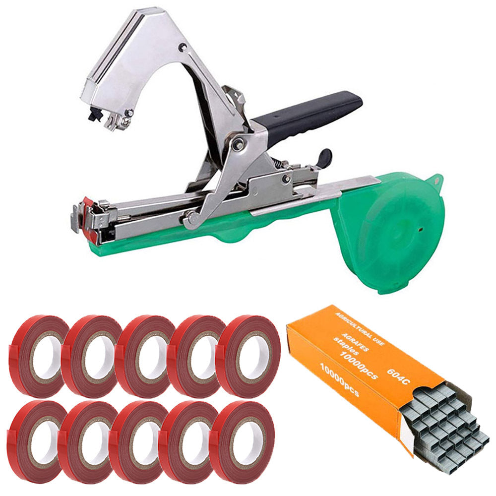 PLANTFIXPRO Schnellbinder für Pflanzen, Tomaten, Gurken, Rosen, Obstgarten, Weinpergola, Paket Zange + 10 Bandrollen + 10.000 Heftklammern